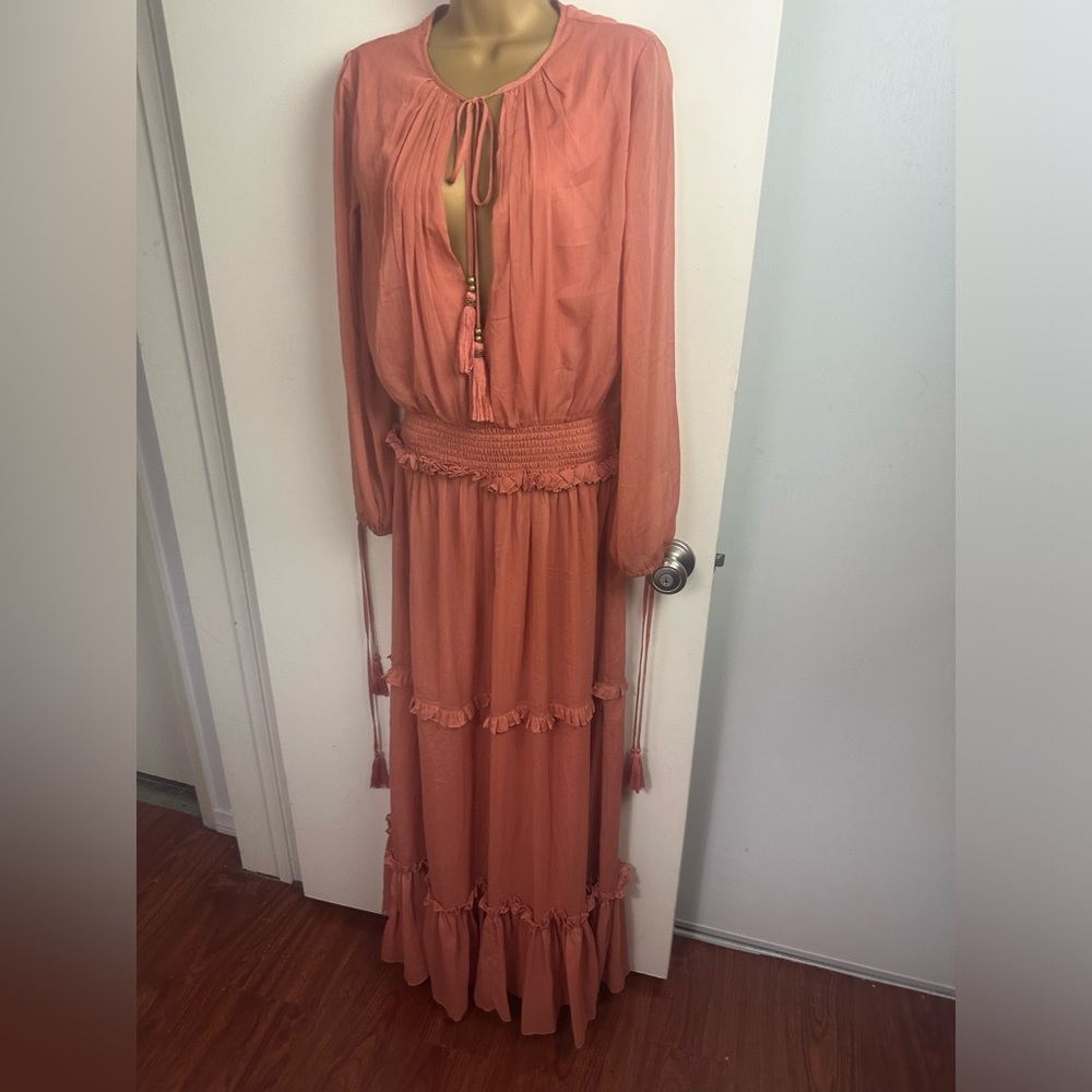 Ale By Alessandra Orange Satin Long Sleeve Tiered Tie Neck/Cuffs Tassel Dress XS